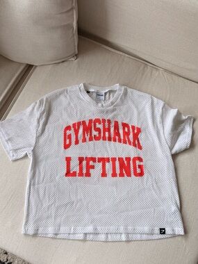 Gymshark White Mesh Tee with Red 'GYMSHARK LIFTING' Graphic - Kids